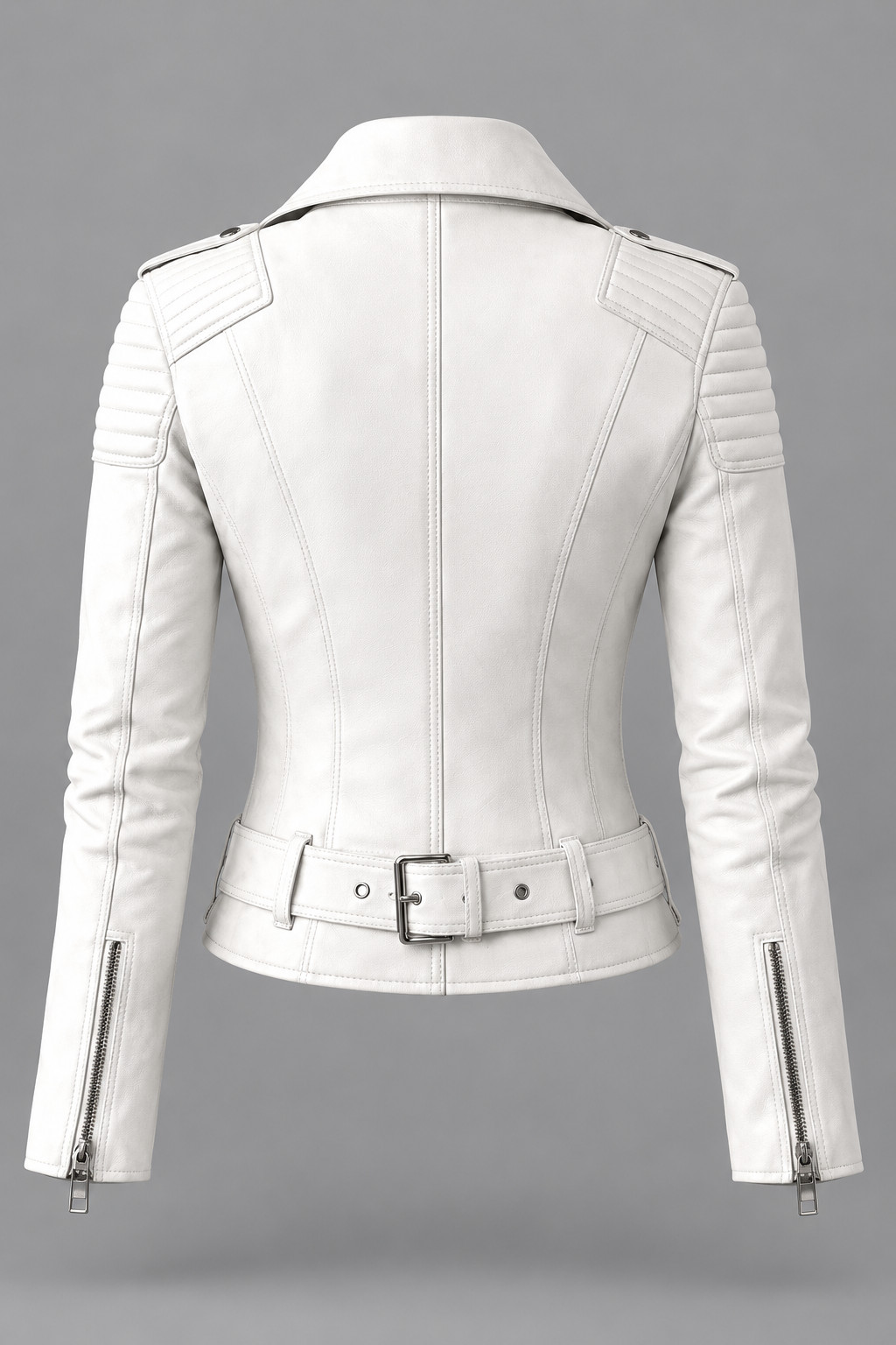Women’s Genuine Leather Biker Jacket White Motorcycle Moto Riding Belted