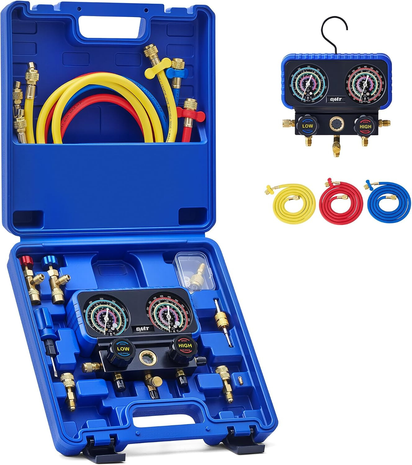 OMT 3-Way AC Manifold Gauge Set for R410A R32 R22 R454B, 5Ft Hoses OMT 3-Way AC Manifold Gauge Set for R410A R32 R22 R454B, 5Ft Hoses