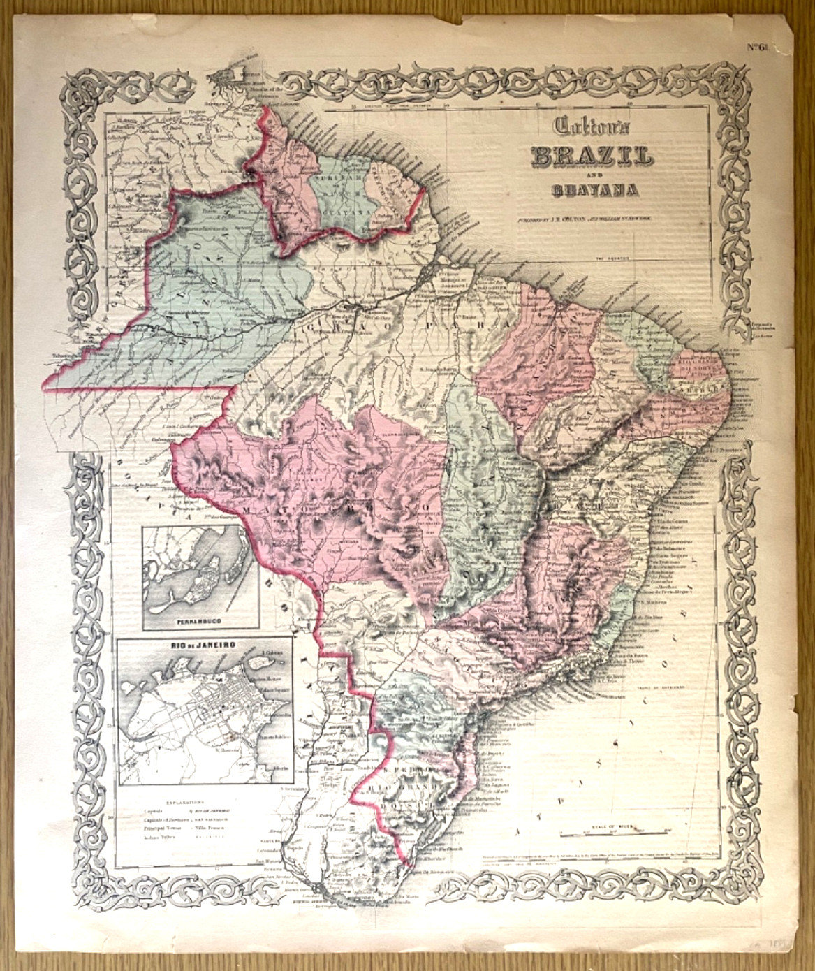 1855 BRAZIL and GUYANA antique engraved 14.5 x 17.5 color map SOUTH AMERICA