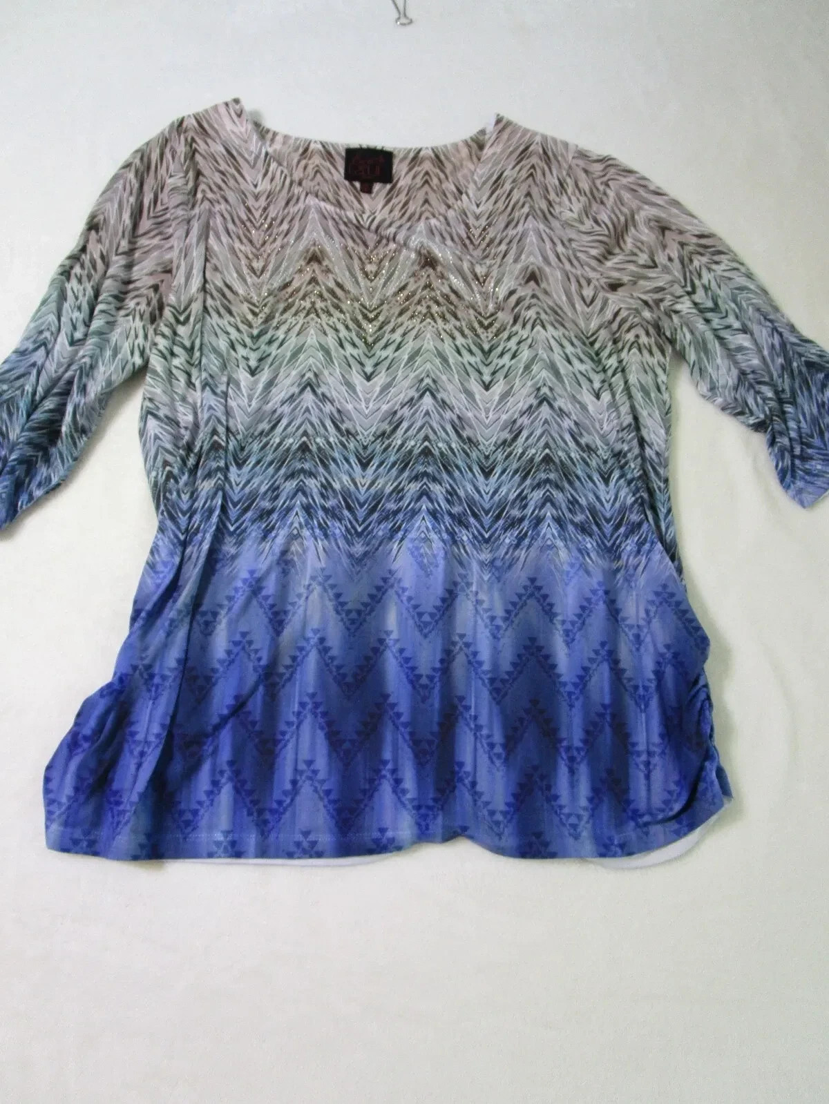 French Blue Women\'s Blouse Size 3X Multicolor Embellished 3/4 Sleeve Ruched Side