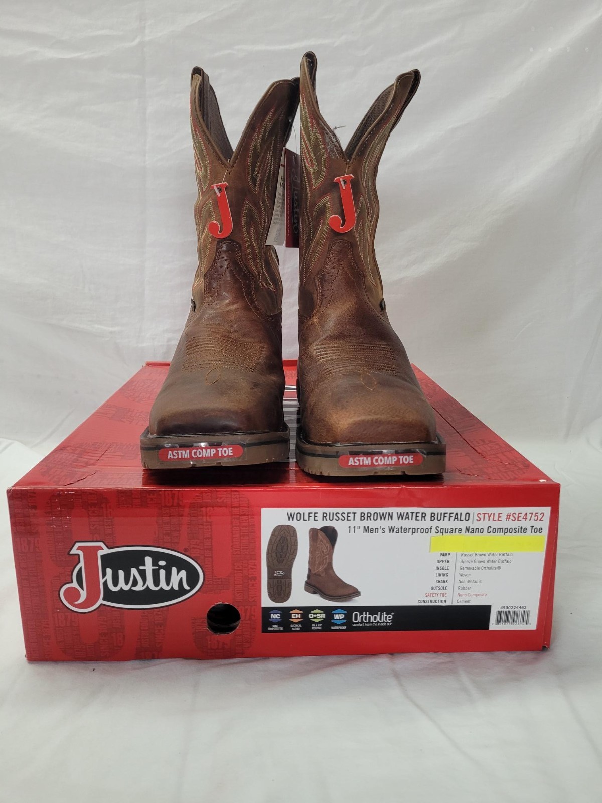 Men\'s Justin SE4752 Wolfe Russet Brown Waterproof Nano Square Comp Toe Boots