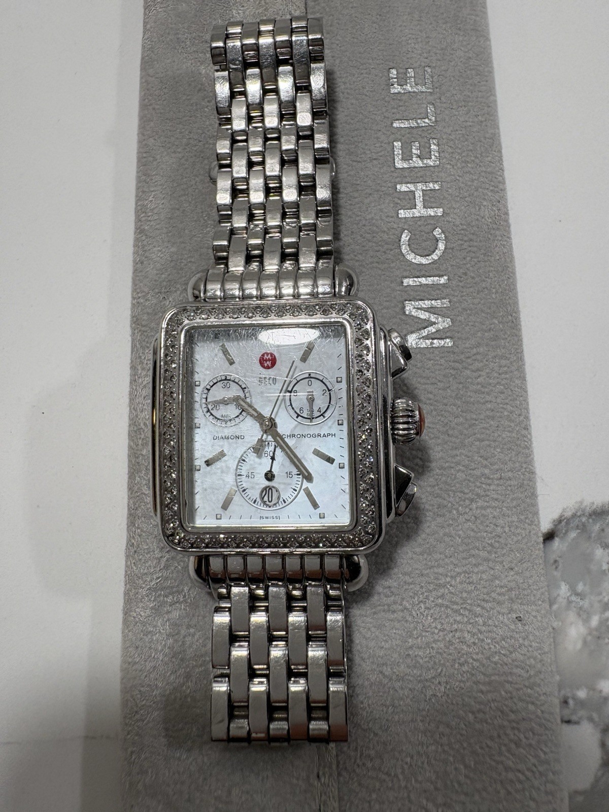 MICHELE Deco Diamond Bezel Chronograph Quartz White Dial Woman’s Watch