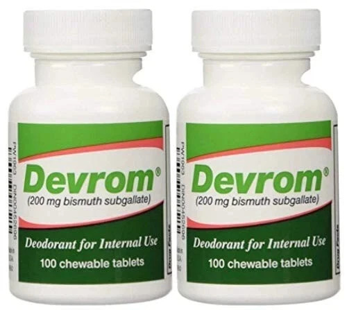 Devrom 200mg Bismuth Subgallate Internal Deodorant -100 Tabs(2 Pack = 200 Total)