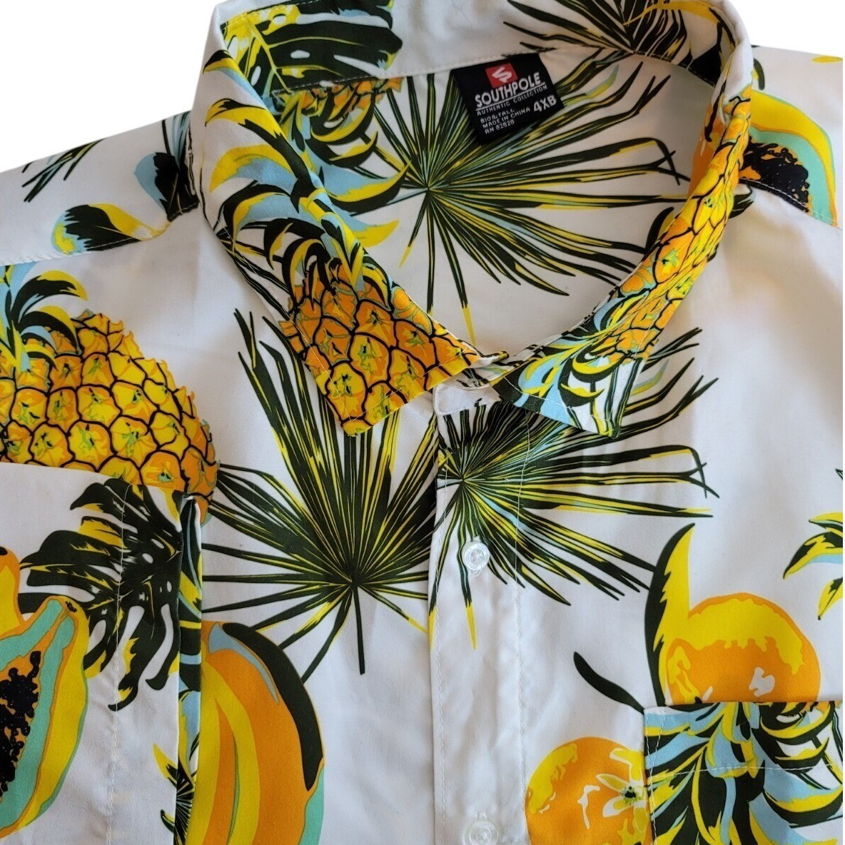 Southpole Mens 4XB Tropical Fruit Print Button Down Shirt White Pineapple Banana