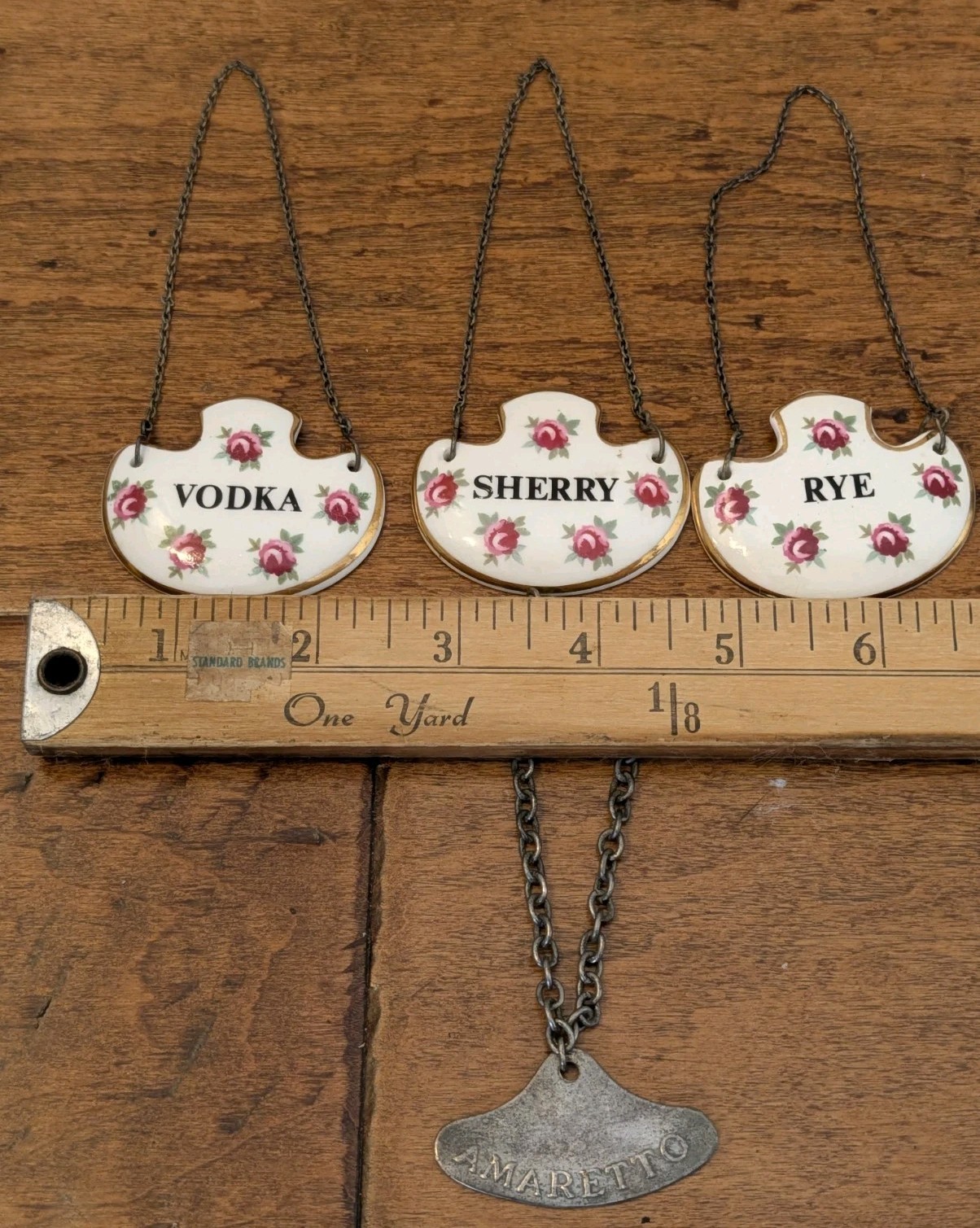 VTG ROYAL ADDERLEY Set 3 Bone China England Pink Roses Liquor Tag Badge + Bonus