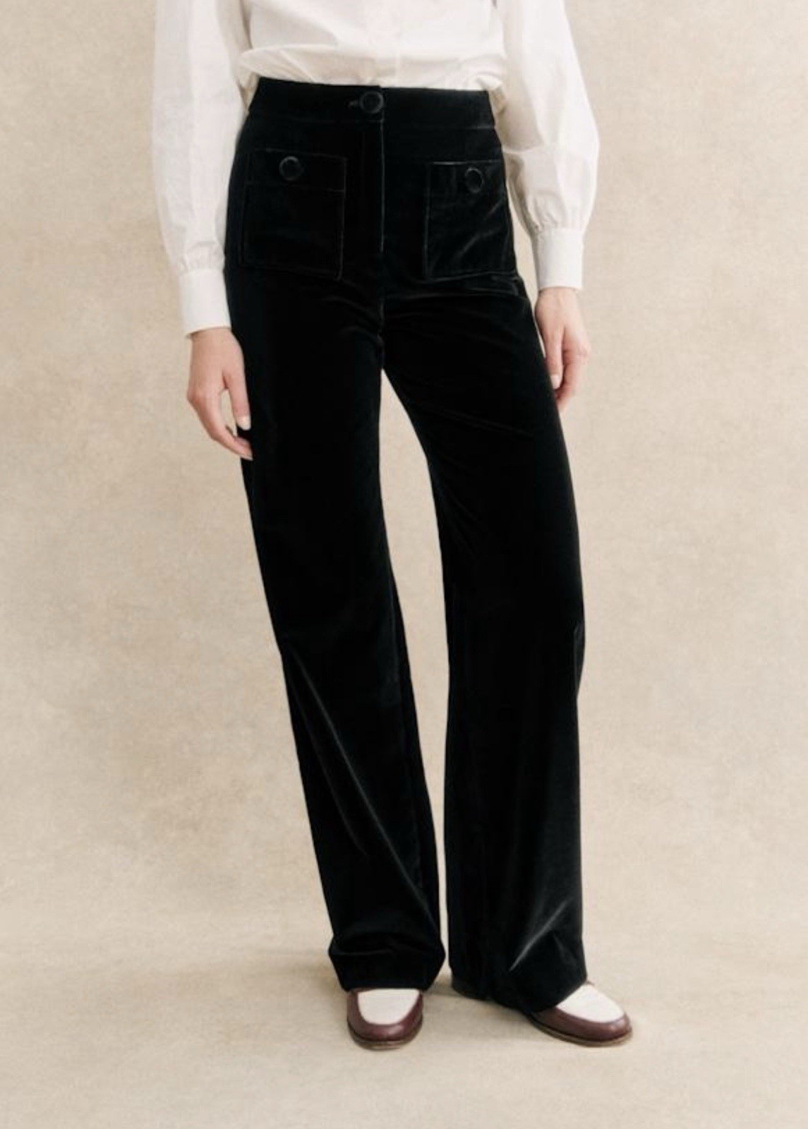 New Sézane Clayton Black Velvet Wide Leg Bridge Pants Womens FR 44 US 12 RARE