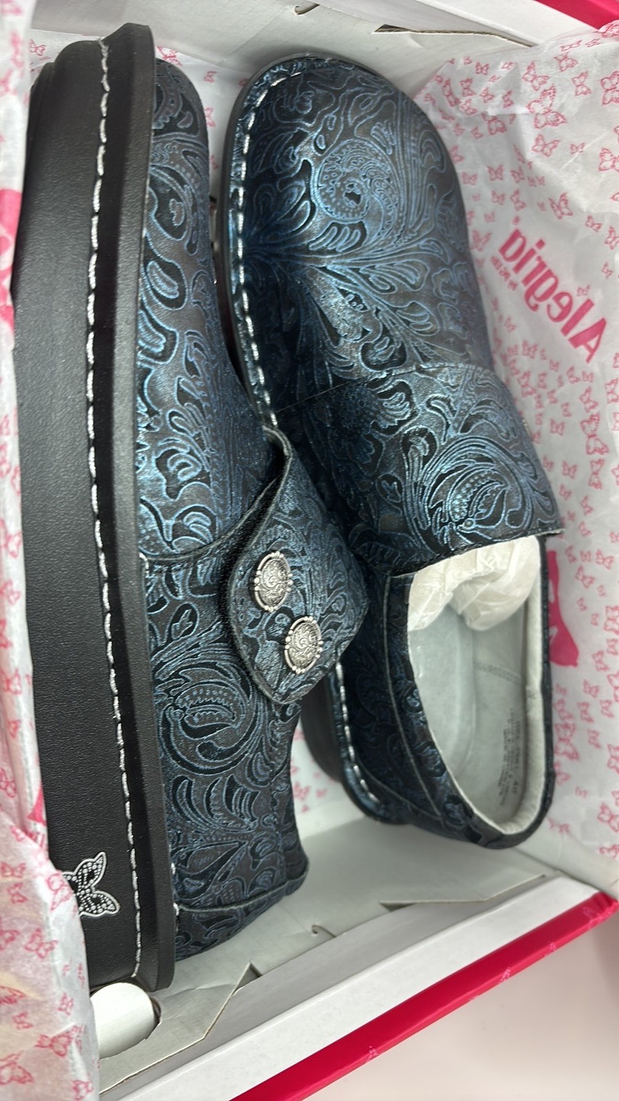Alegria by PG Lite Deliah Clogs Navy Swish Embossed Leather Shoes 9.5-10