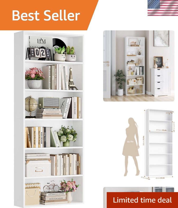 6 Tier Tall Bookshelf and Bookcase with Open Display Shelves, White 6 Tier Tall Bookshelf and Bookcase with Open Display Shelves, White