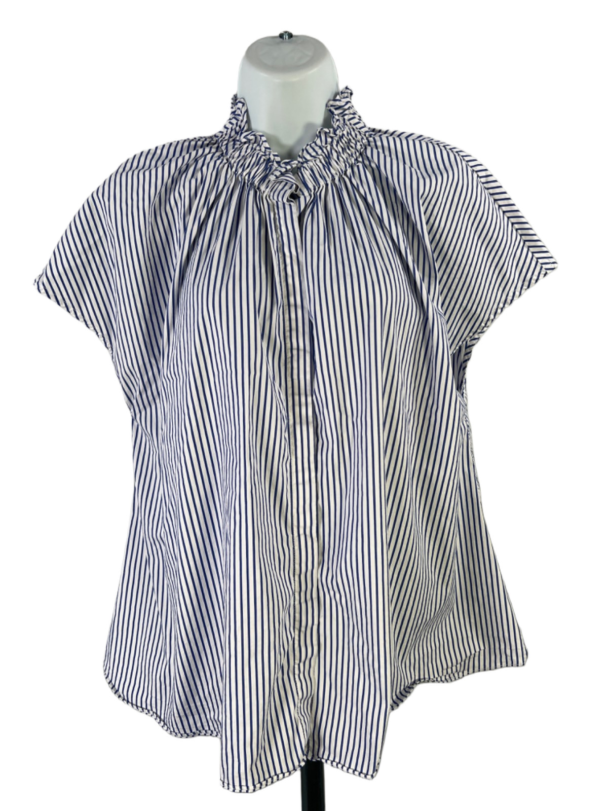 Pomander Place Women\'s Blue/White Striped Sleeveless Button Up Blouse - M