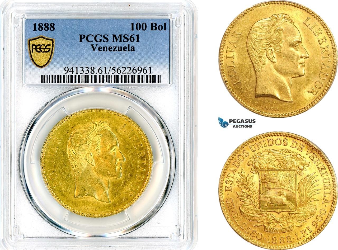 AM616, Venezuela, 100 Bolivares 1888, Caracas Mint, Gold, PCGS MS61