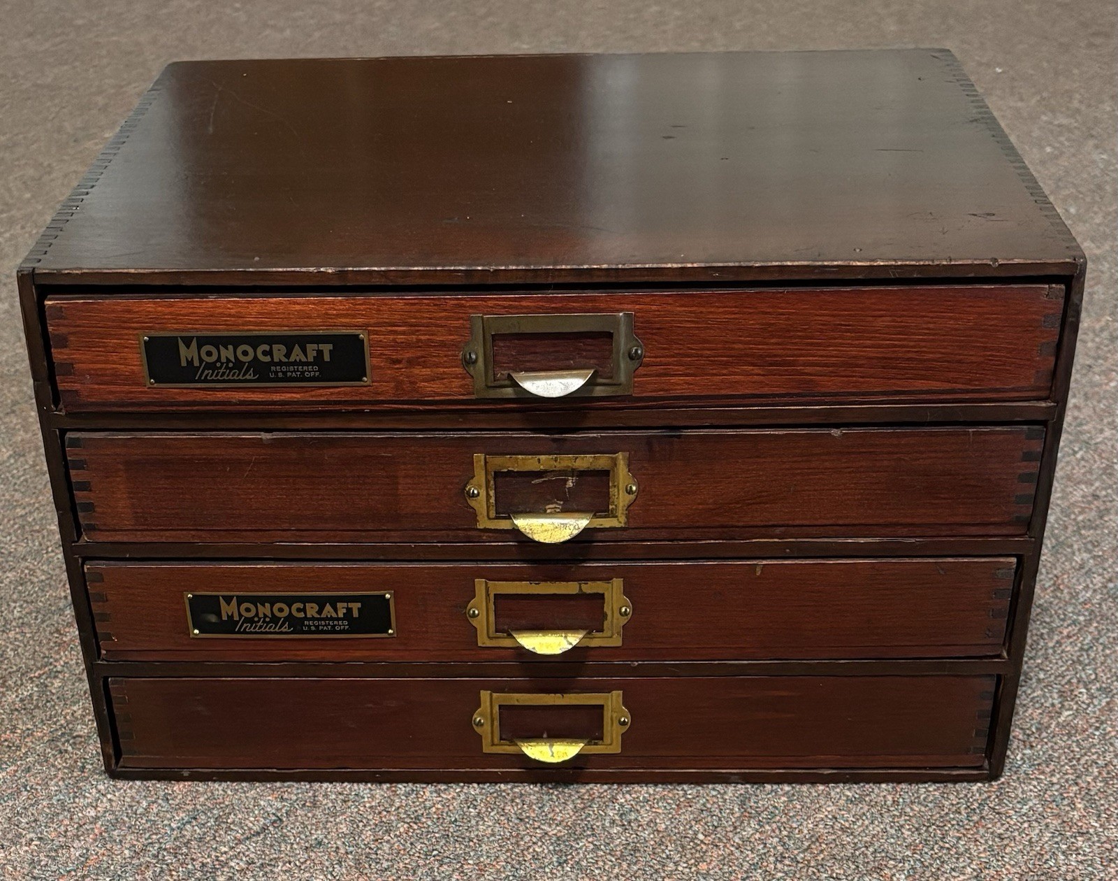 Old 4 Drawer Monocraft Initials Antique Wood Cabinet Apothecary Desktop Display