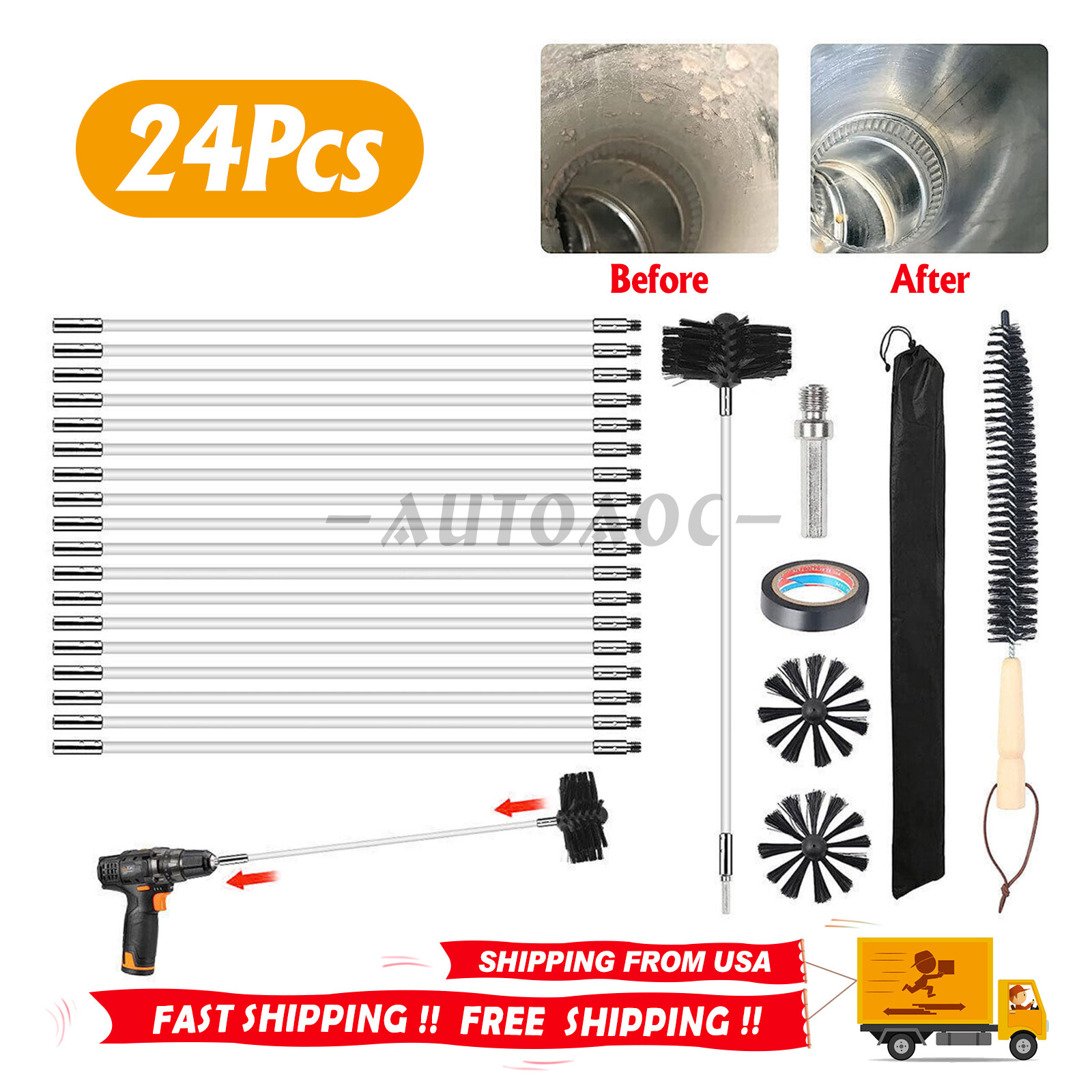 24pcs Flue Sweeping Brush & Rod Kit Soot cleaning Rods Chimney Sweep Set Plastic
