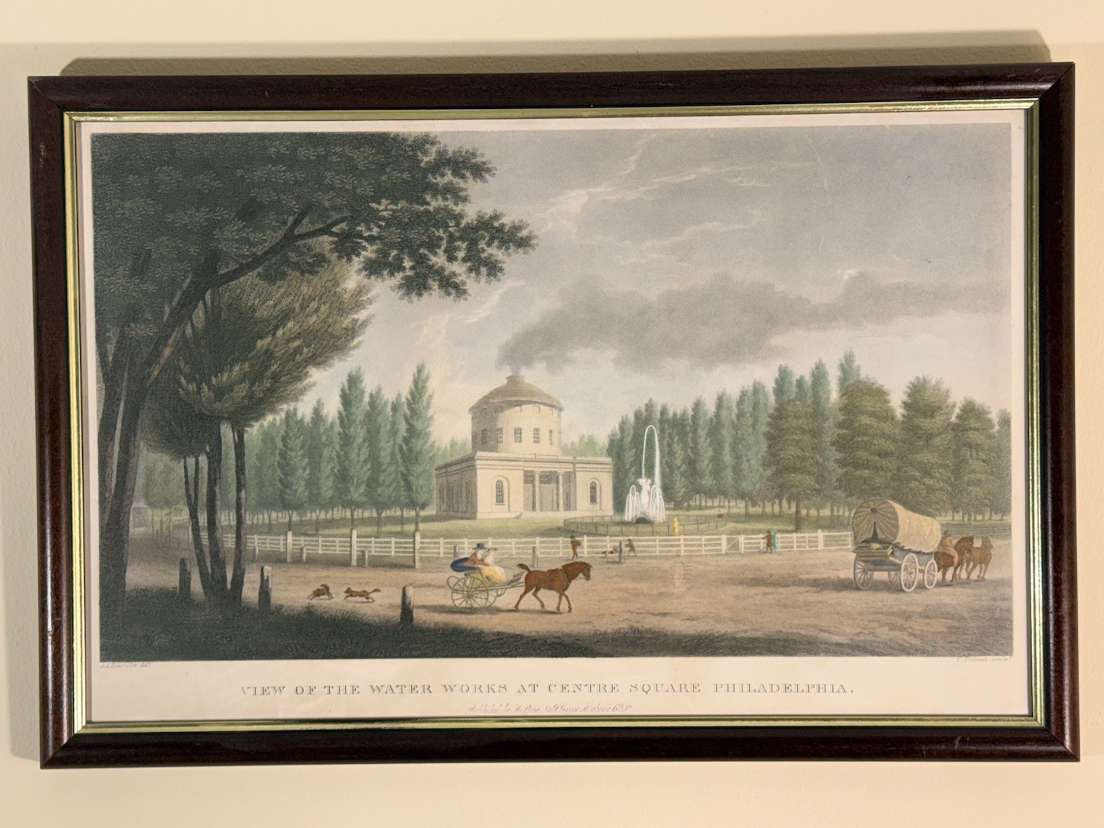 Antique 1830 Hand Colored Engraving Philadelphia Water Works Centre Square 