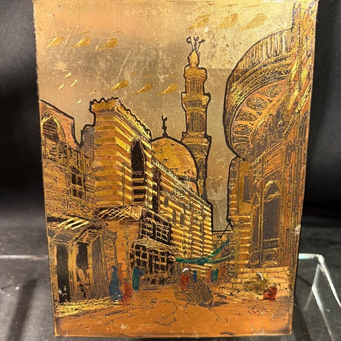 Vintage Hand Painted Middle Eastern Mosque Street Scene Copper Plate Art 6x4