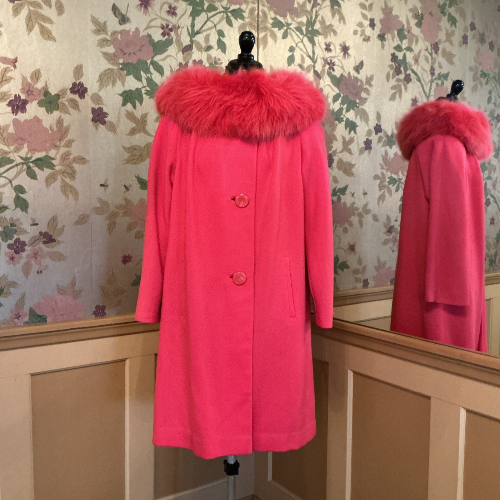 Vintage 1960s Hot Candy Pink Swing Coat with Fur Collar M/L Fashions by Bellini