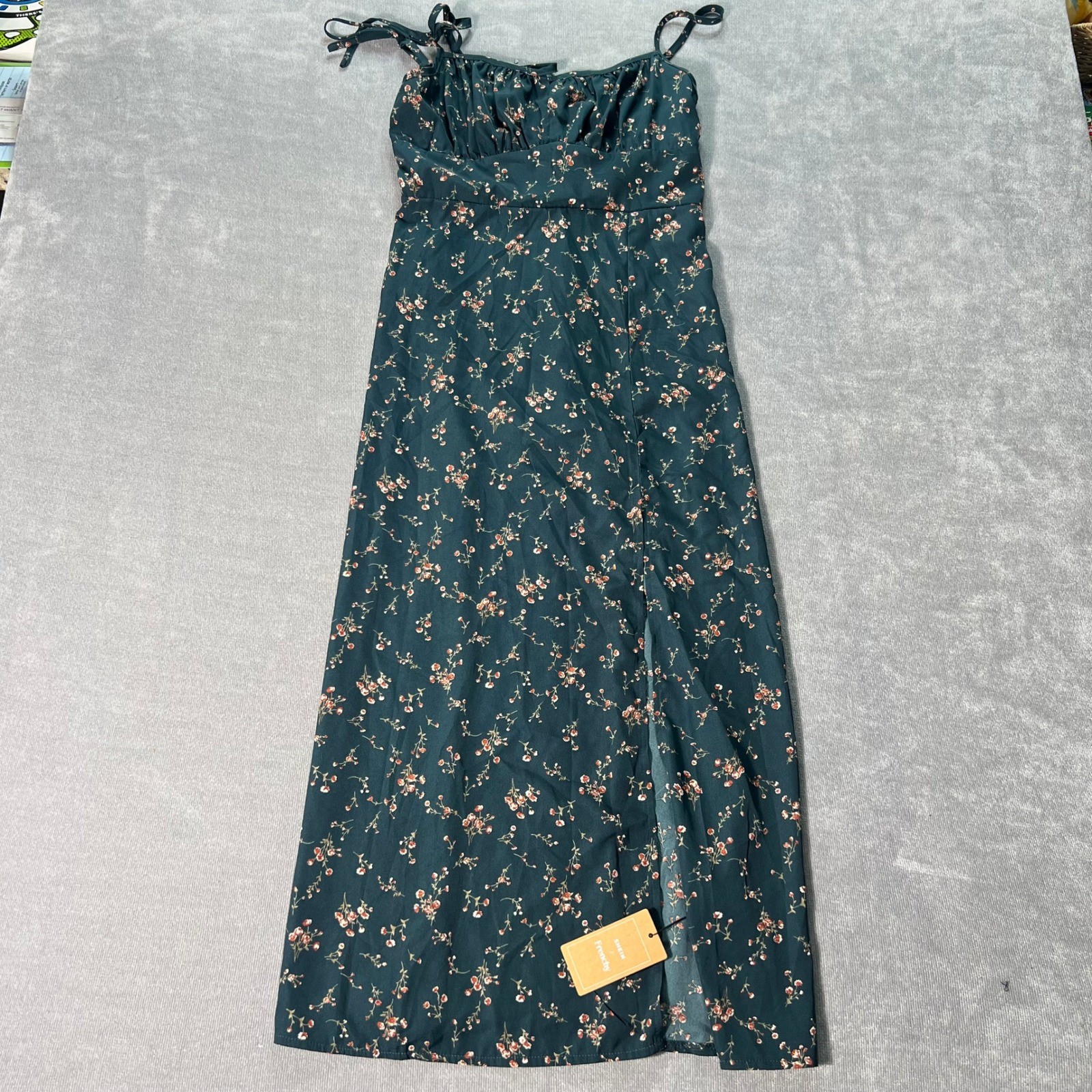 Shein Frenchy Womens Midi Dress M Green Teal Floral Sweetheart Slit Cottagecore