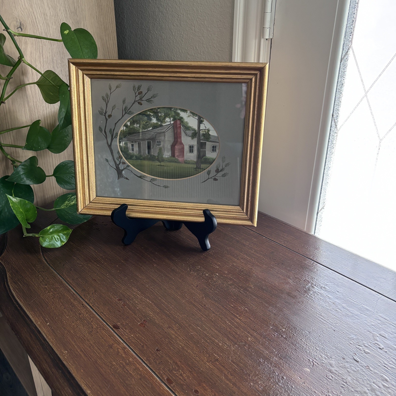 Framed original acrylic painting signed Sheri, oval matting old house gold frame