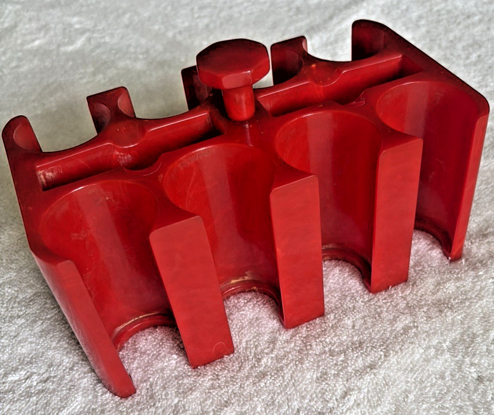 Vintage Red Bakelite Catalin Poker Chip Caddy Holder Yellow Swirl-  795 grams