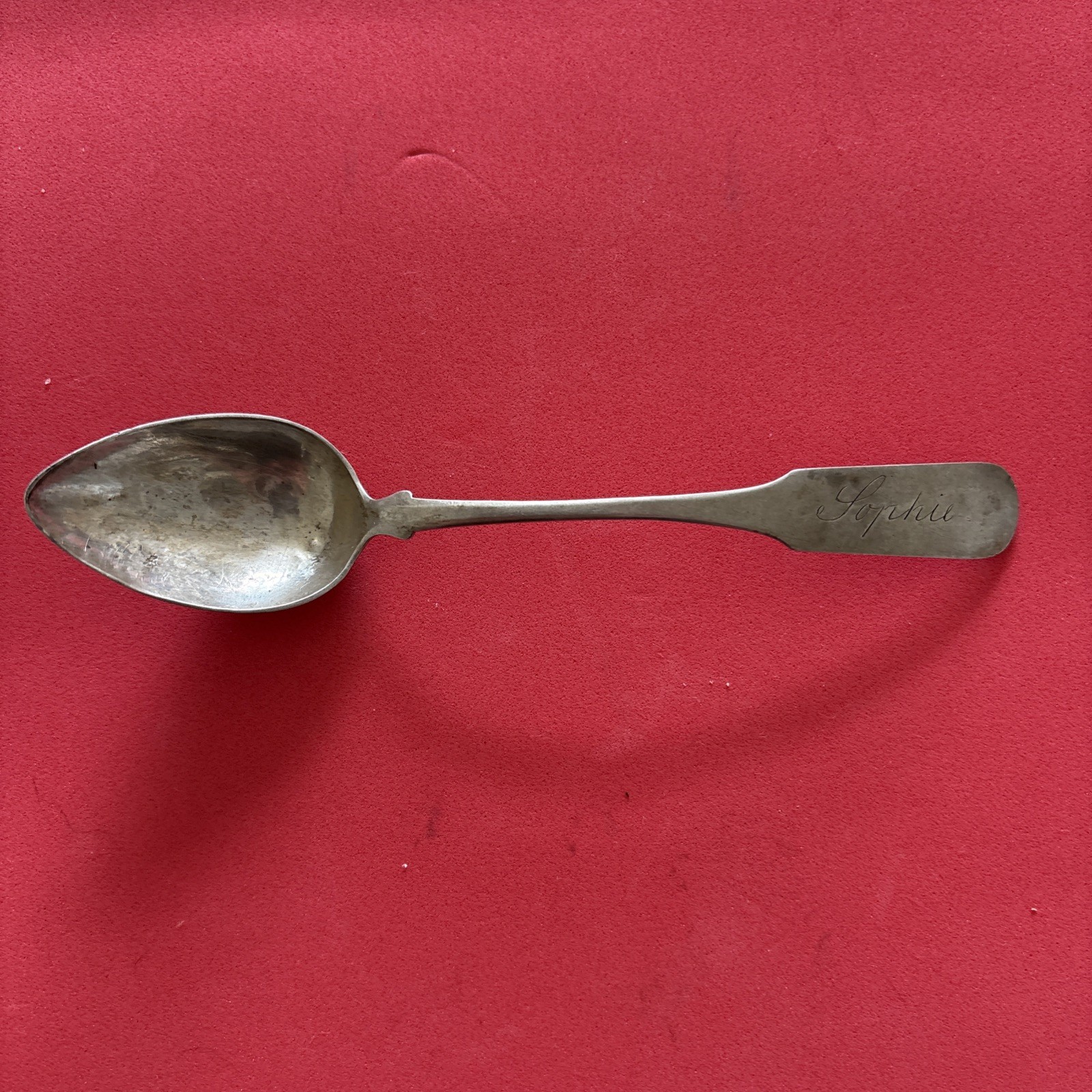 Antique American Coin Silver Teaspoon c. 1840–1860 Hallmarks Sophie Monogram Antique American Coin Silver Teaspoon c. 1840–1860 Hallmarks Sophie Monogram