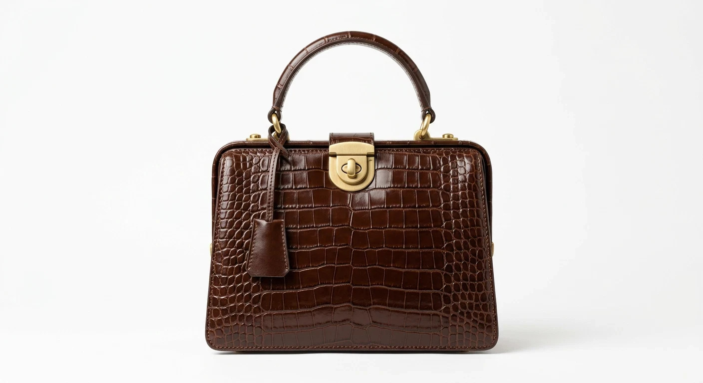 Handmade Croc Embossed Leather Top Handle Bag Structured Satchel Brown Vintage