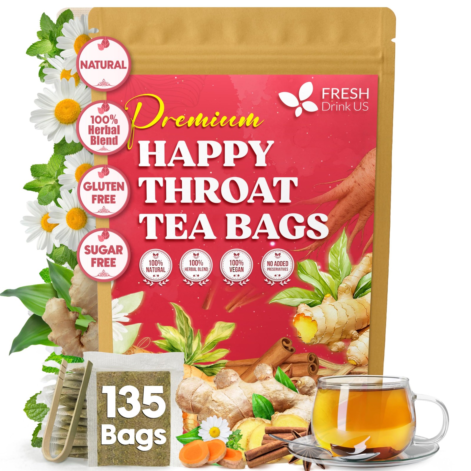 FreshDrinkUS, Premium Happy Throat Herbal Tea – 135 Bags – 135
