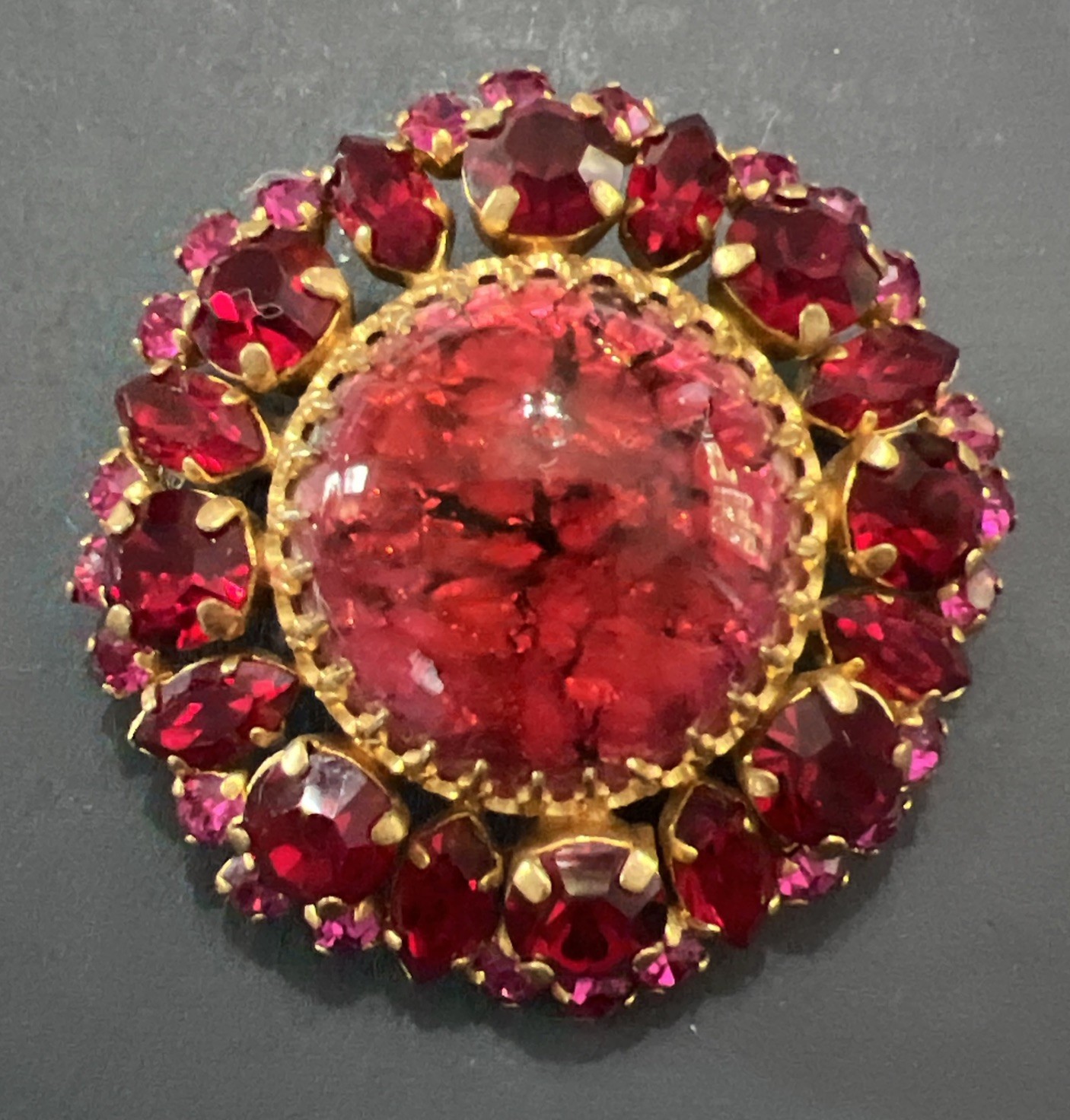 Vintage Signed Austria Red Pink Foil Cabochon Rhinestone Brooch