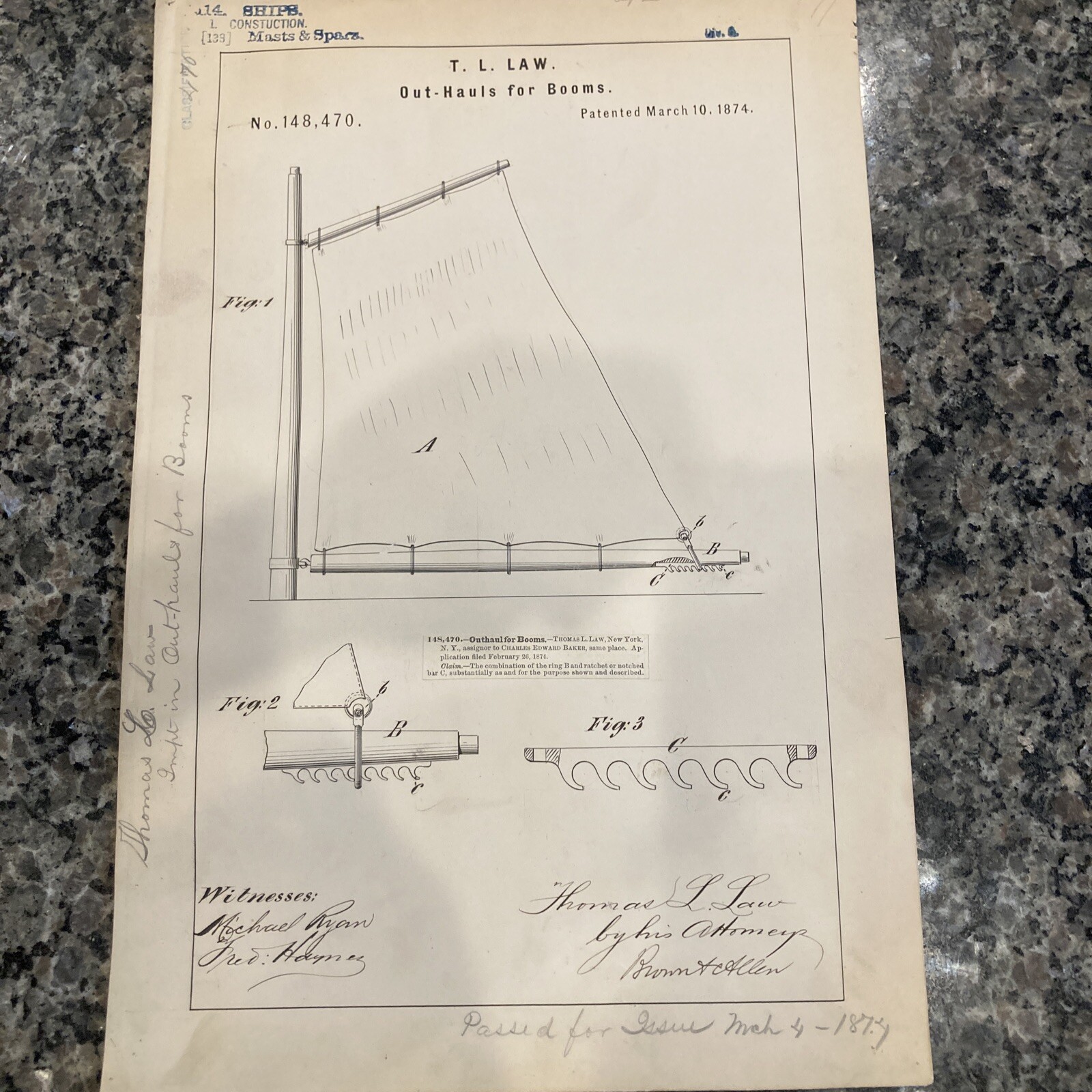 1874 ORIGINAL PATENT DRAWING- Ships Sailing Boats