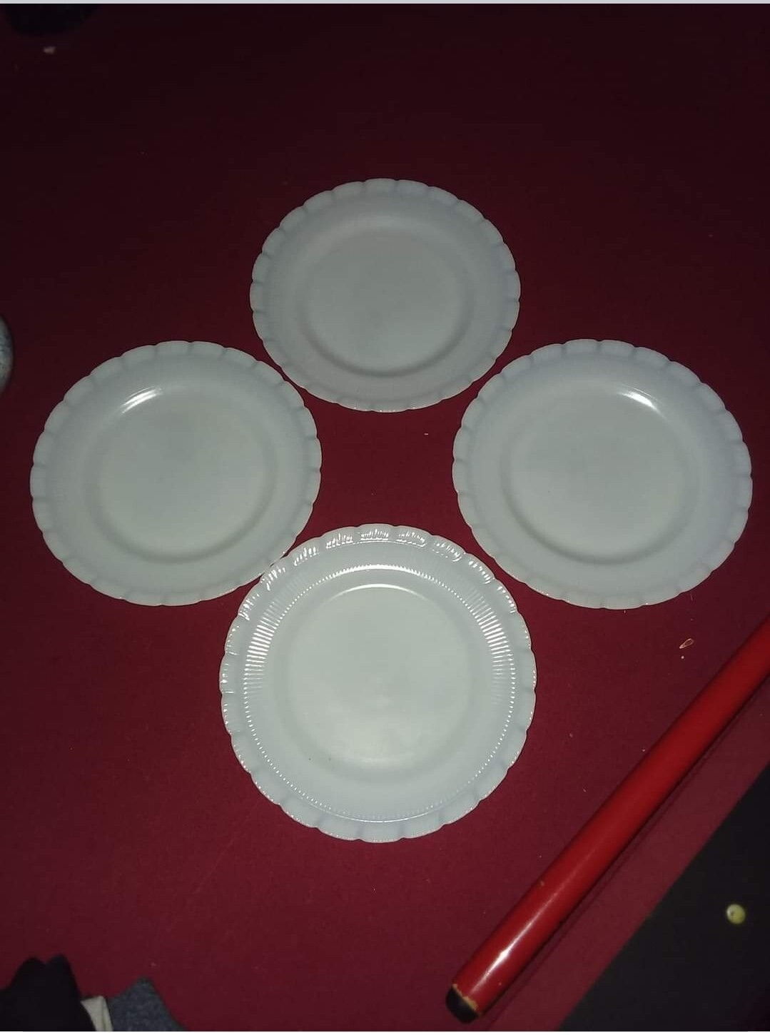 Lot of 4 Vtg Mid-century Milk Glass Scalloped Gold Edge Plates Translucent Lot of 4 Vtg Mid-century Milk Glass Scalloped Gold Edge Plates Translucent