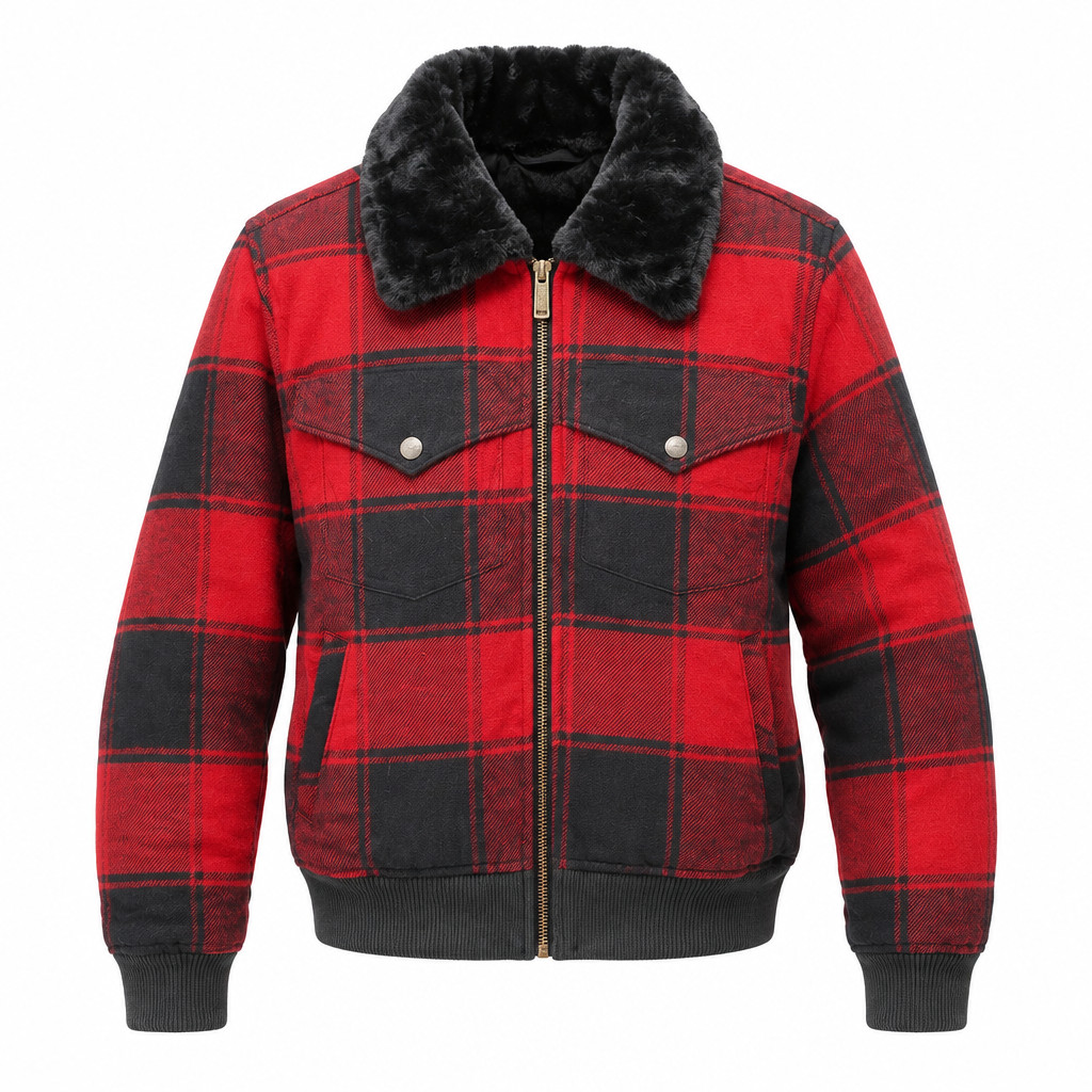 Wrangler Retro Red Black Buffalo Plaid Faux Fur Bomber Jacket M