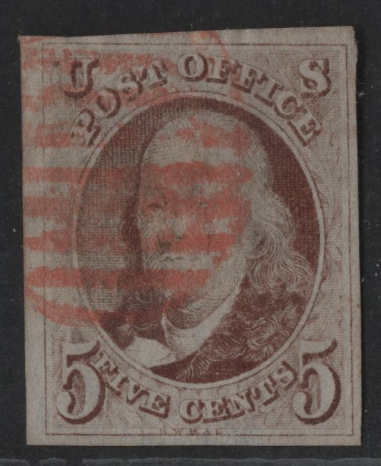 US 1847 BEN FRANKLIN FIRST STAMP SCOTT #1 USED WITH RED CANCEL & CLEAR 4 MARGINS