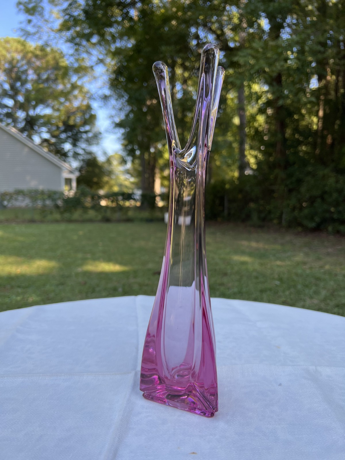 RARE MCM Vintage Viking Thistle Pink Glass 3 Foil Swung Vase 11\ RARE MCM Vintage Viking Thistle Pink Glass 3 Foil Swung Vase 11\