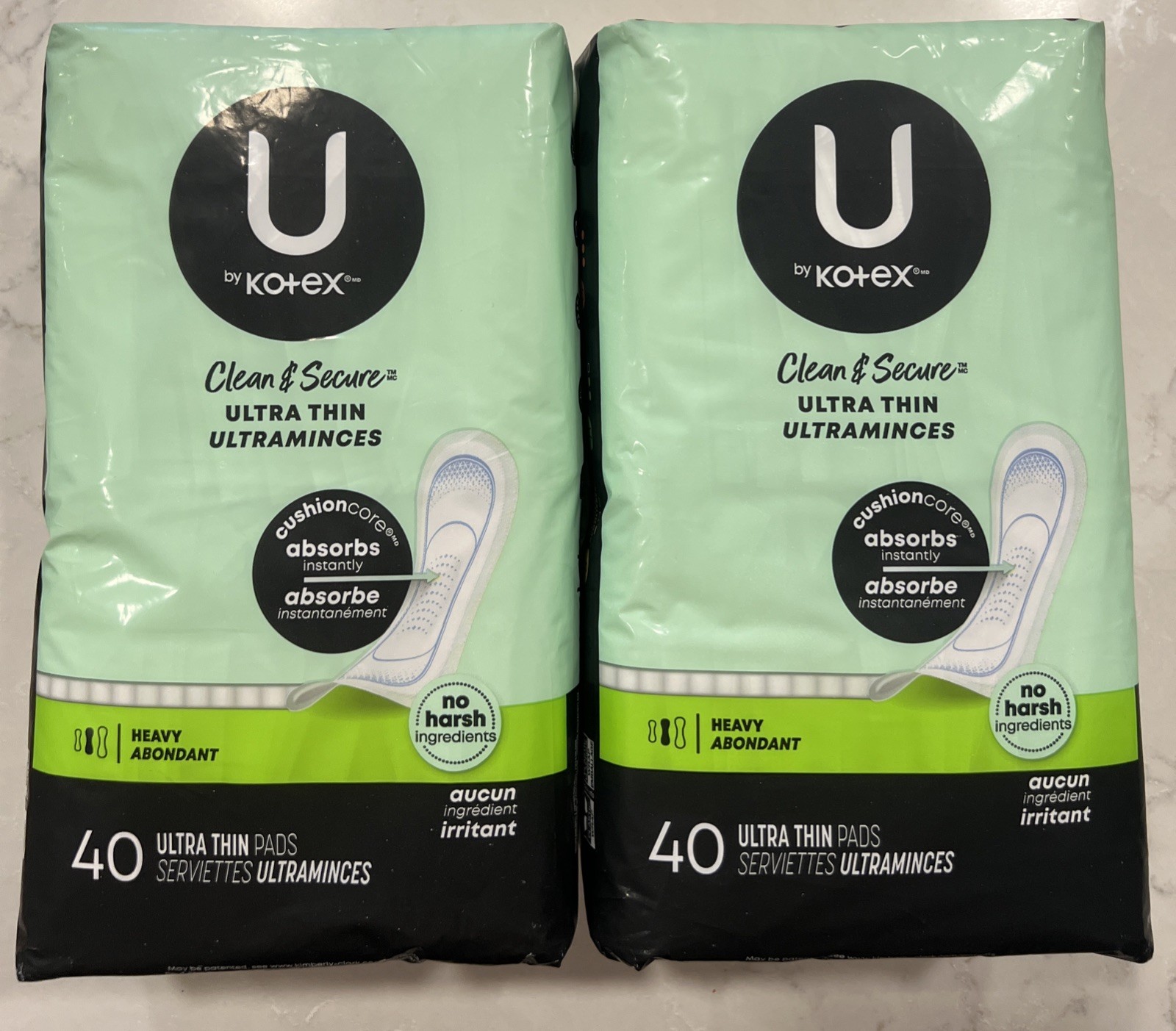 2 pack U by Kotex Security Ultra Thin Pads, Long, Unscented, 40 ct x2 New