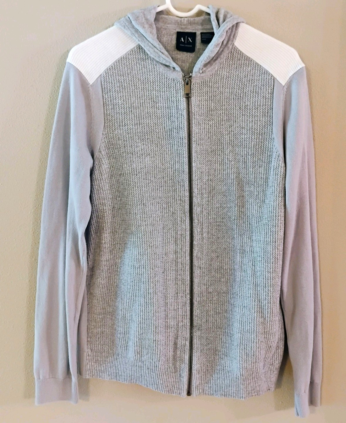 Armani Exchange A|X Mens Large Gray Full Zip Knit Hoodie Sweater Colorblock