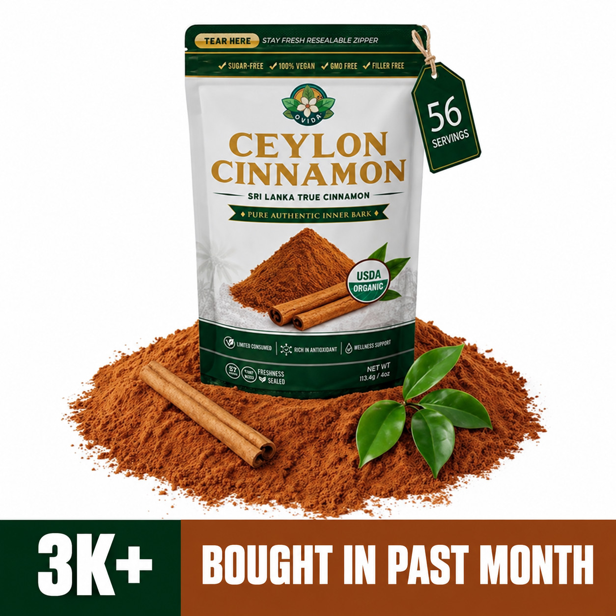 True Ceylon Cinnamon Powder from Sri Lanka 4 oz, Pure USDA Organic True Ceylon Cinnamon Powder from Sri Lanka 4 oz, Pure USDA Organic