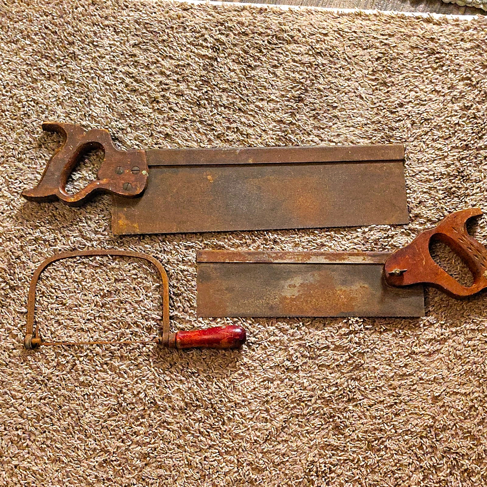 Vintage 3pc Hand Saw Lot - 2 Back Saws & Coping Saw, Wood/Steel Handles Vintage 3pc Hand Saw Lot - 2 Back Saws & Coping Saw, Wood/Steel Handles