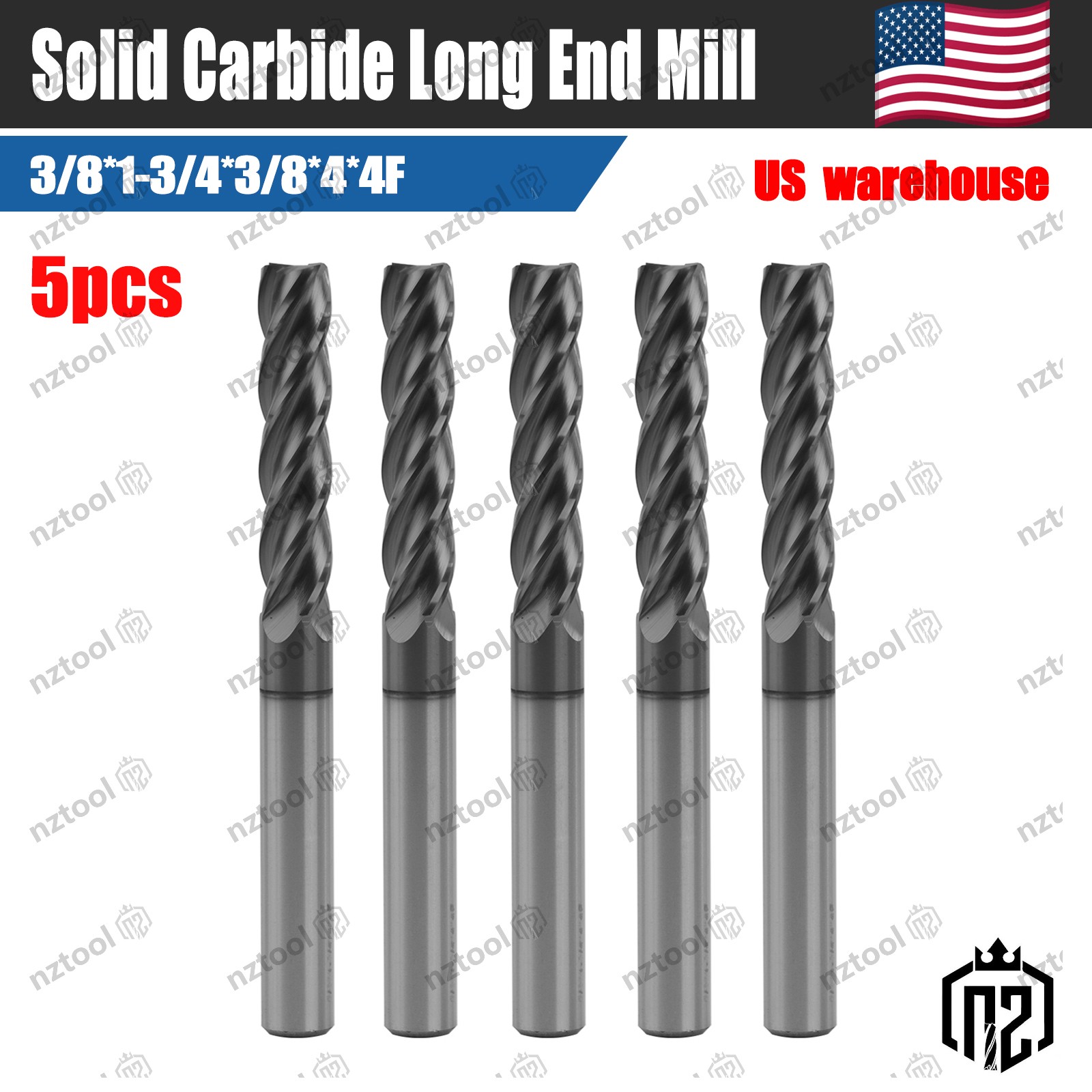 5PCS 4 Flute Solid Carbide 3/8 5PCS 4 Flute Solid Carbide 3/8