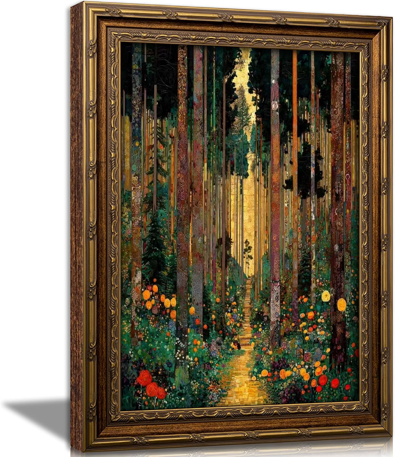Vintage Gold Framed Forest Wall Art, Tree Path Art Nouveau Canvas Print, Abstrac