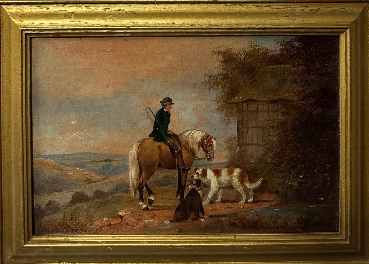 19thC School Antique Oil Painting Figure on Horseback with Two Dogs