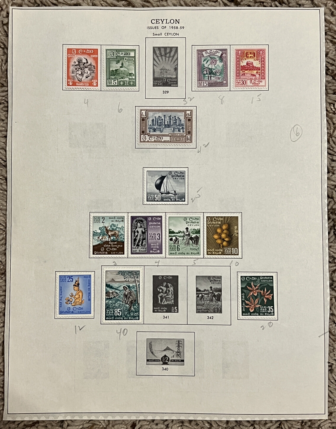 1958-1959 CEYLON MINT STAMPS NEARLY COMPLETE ALBUM PAGE, PRESENT DAY SRI LANKA