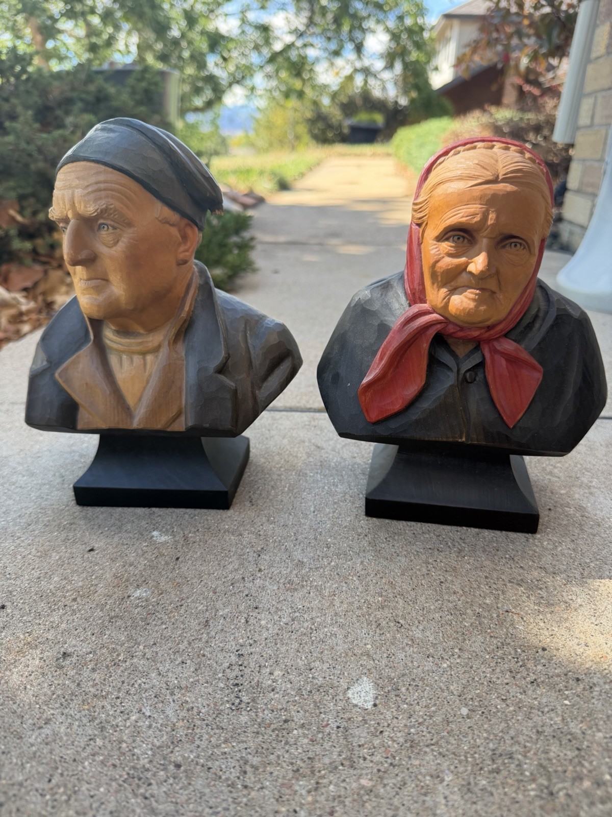 Vintage Hans Huggler Wyss Swiss Hand Carved Wood Busts Man Woman Pair