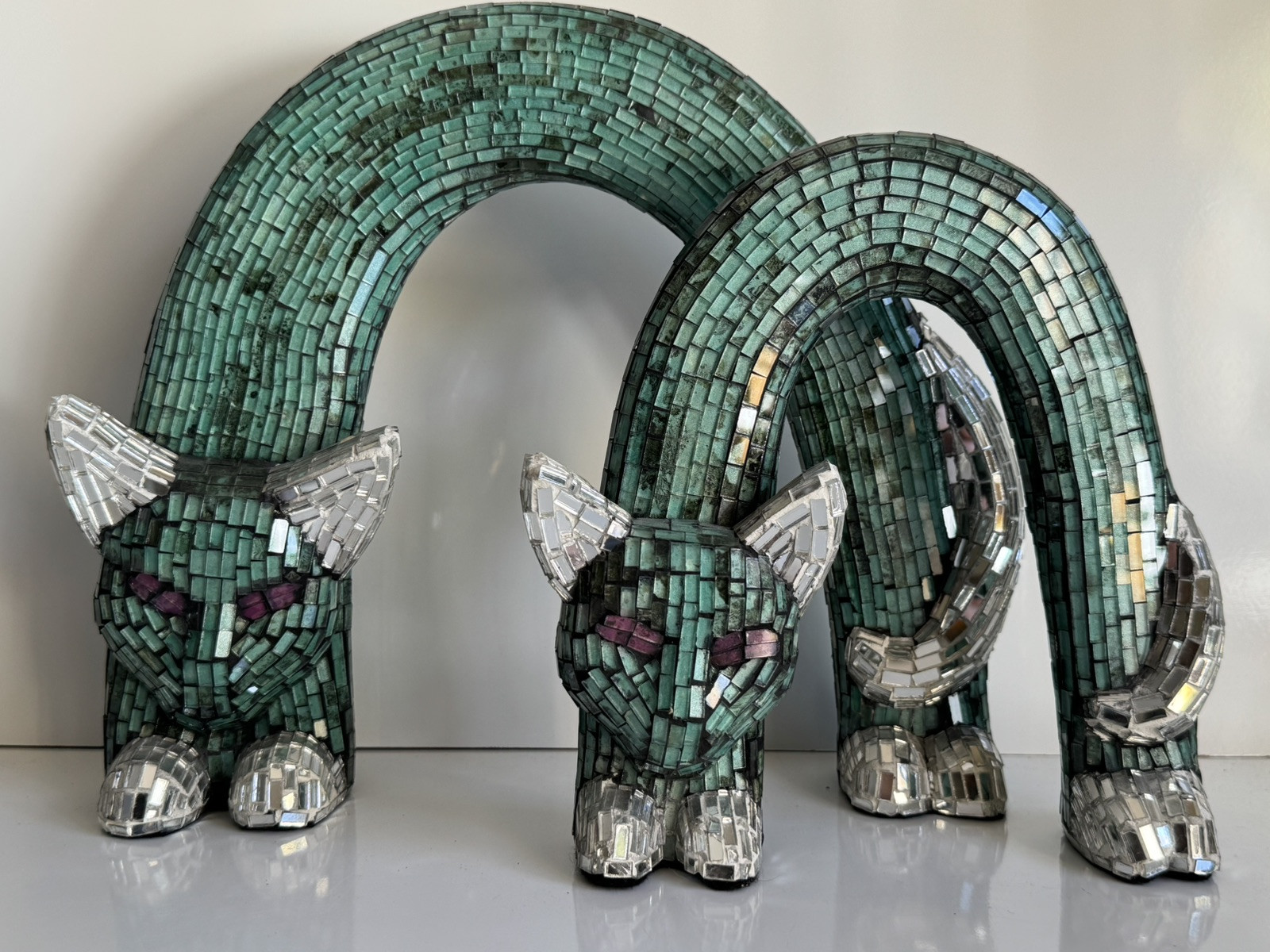 Emerald Green Amethyst Glass Mosaic Arched CAT Statue-A Pair Circa 1980s Disco Emerald Green Amethyst Glass Mosaic Arched CAT Statue-A Pair Circa 1980s Disco