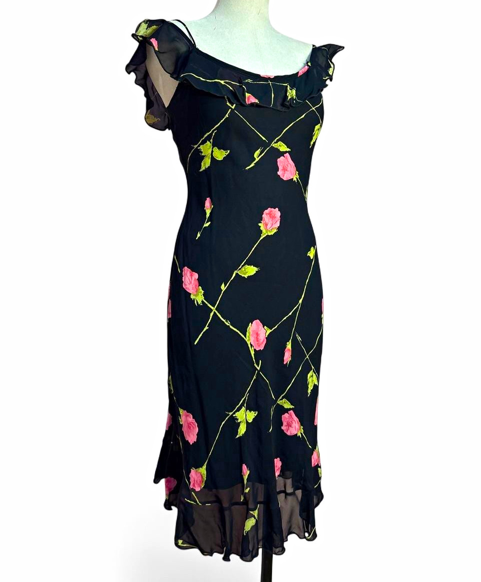 Vintage Betsey Johnson black floral chiffon ruffle sheath midi dress Size 2
