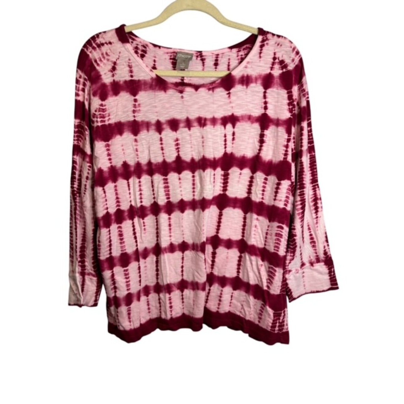 Chico\'s Shirt Women\'s Large Tie Dye Long Sleeve Lightweight Pink White chicos 2