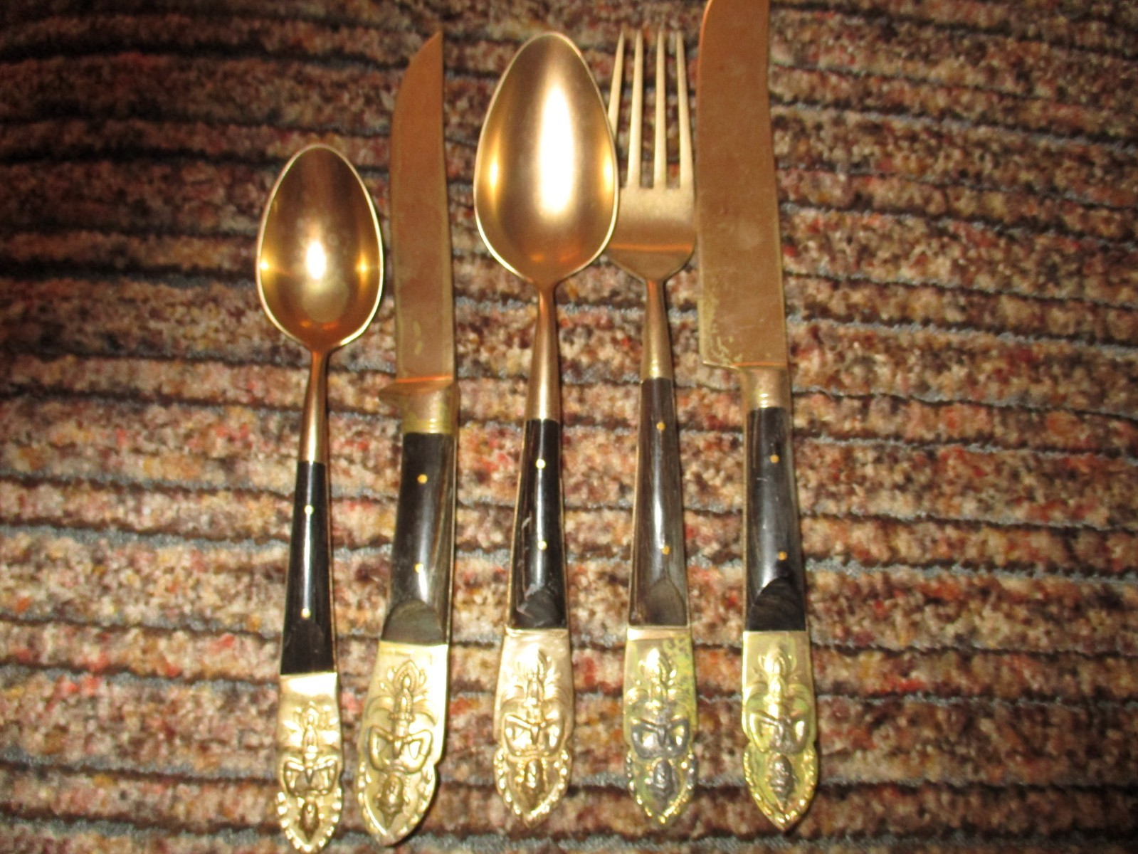 VTG Siam Thailand Buddha Set 20 Dark Rose Wood&Brass Dining Flatwere VTG Siam Thailand Buddha Set 20 Dark Rose Wood&Brass Dining Flatwere