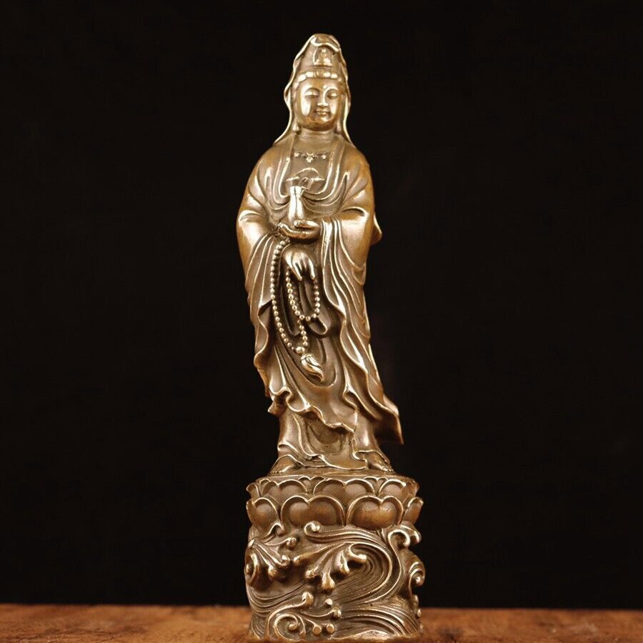 Old Chinese brass copper Handcarved Lotus Guanyin Buddha statue ornament 9036
