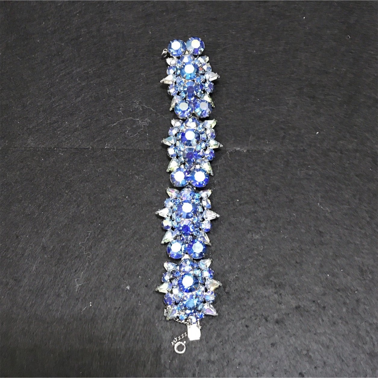 Vintage Blue Rhinestone Statement Bracelet Silver Tone Mid Century 