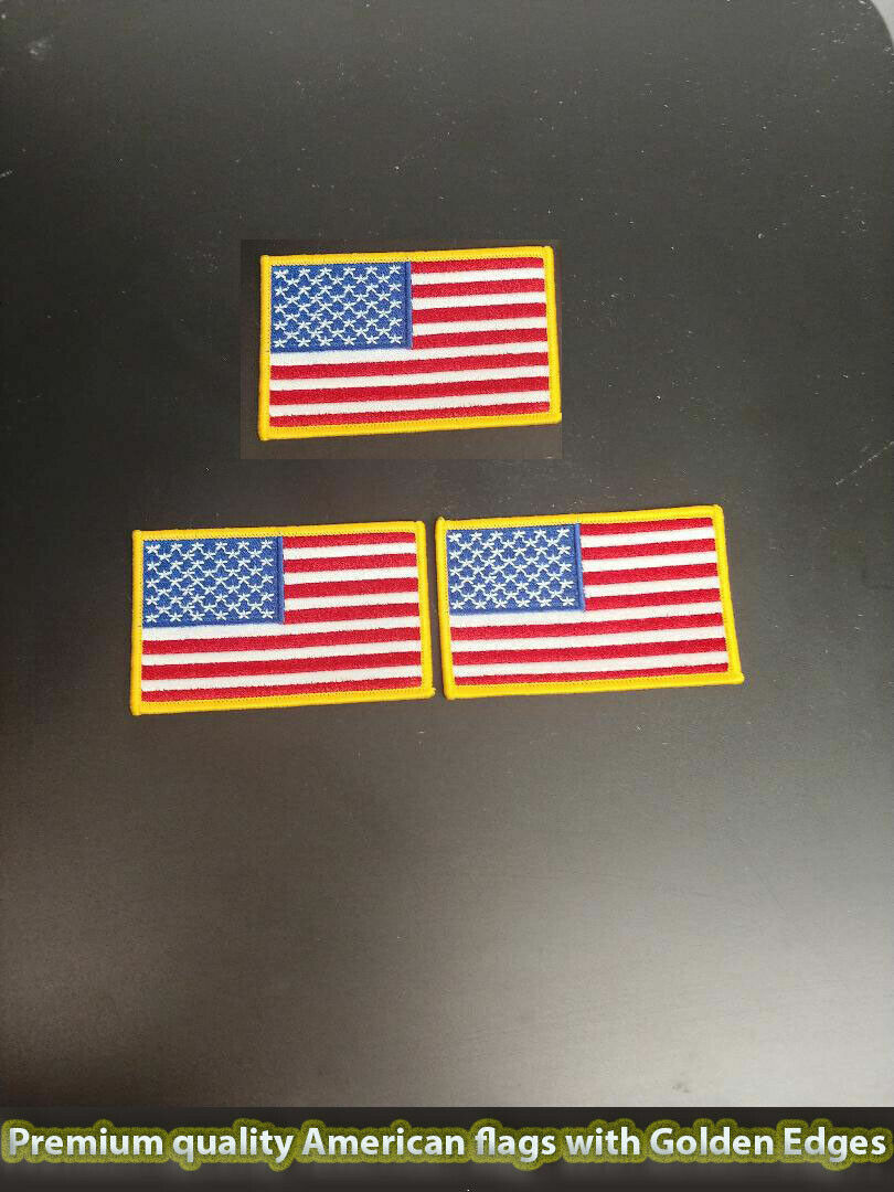 USA AMERICAN FLAG EMBROIDERED PATCH IRON-ON SEW-ON GOLD BORDER 