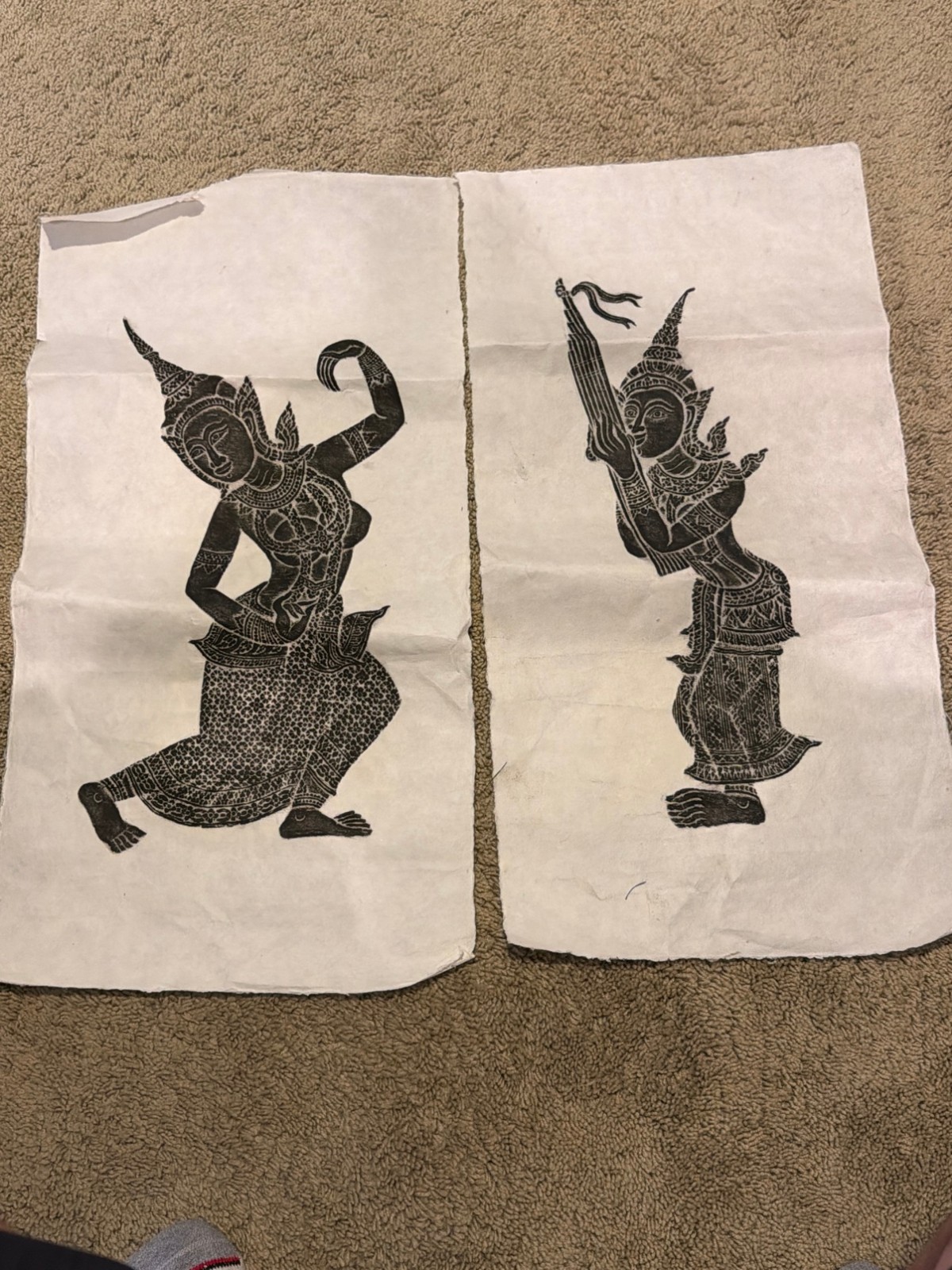 Pair Vintage Thai Temple Rubbings - Charcoal on Rice Paper - Temple Dancers Pair Vintage Thai Temple Rubbings - Charcoal on Rice Paper - Temple Dancers