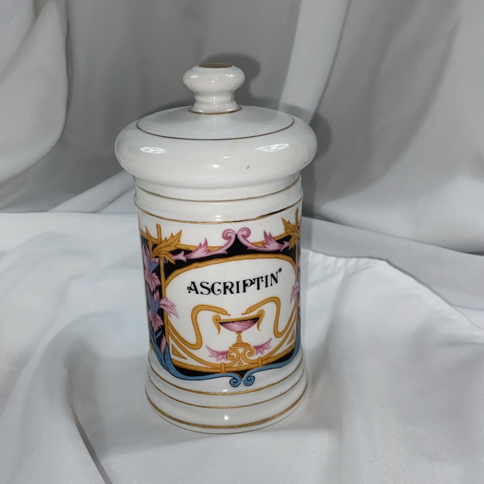 Vintage Porcelain Medicine Pharmacy APOTHECARY Jar with Lid Ascriptin