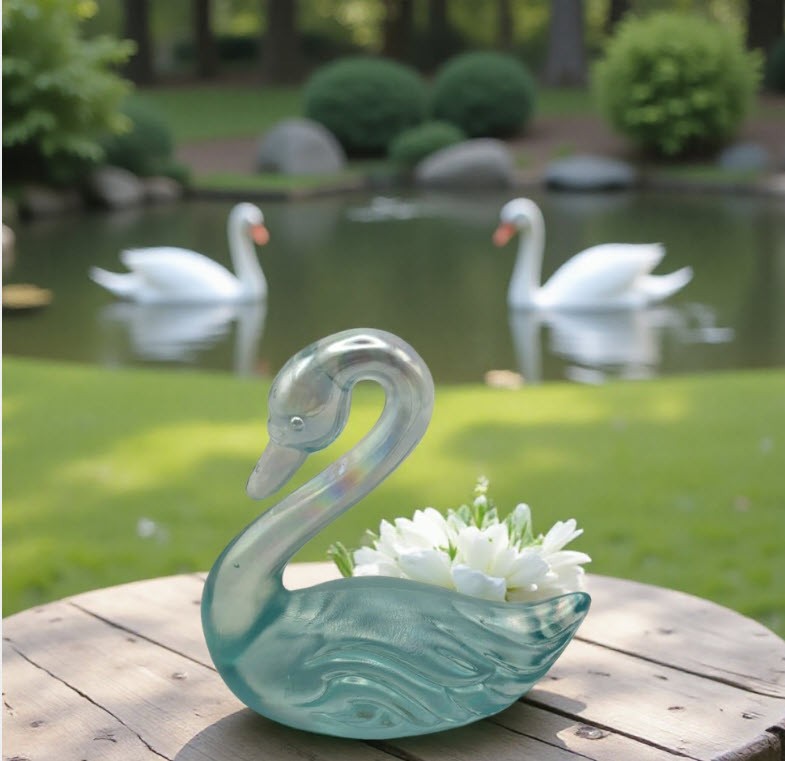 Vtg. Fenton Glass Swan Figurine in Iridescent or Opalescent Misty Blue Color.